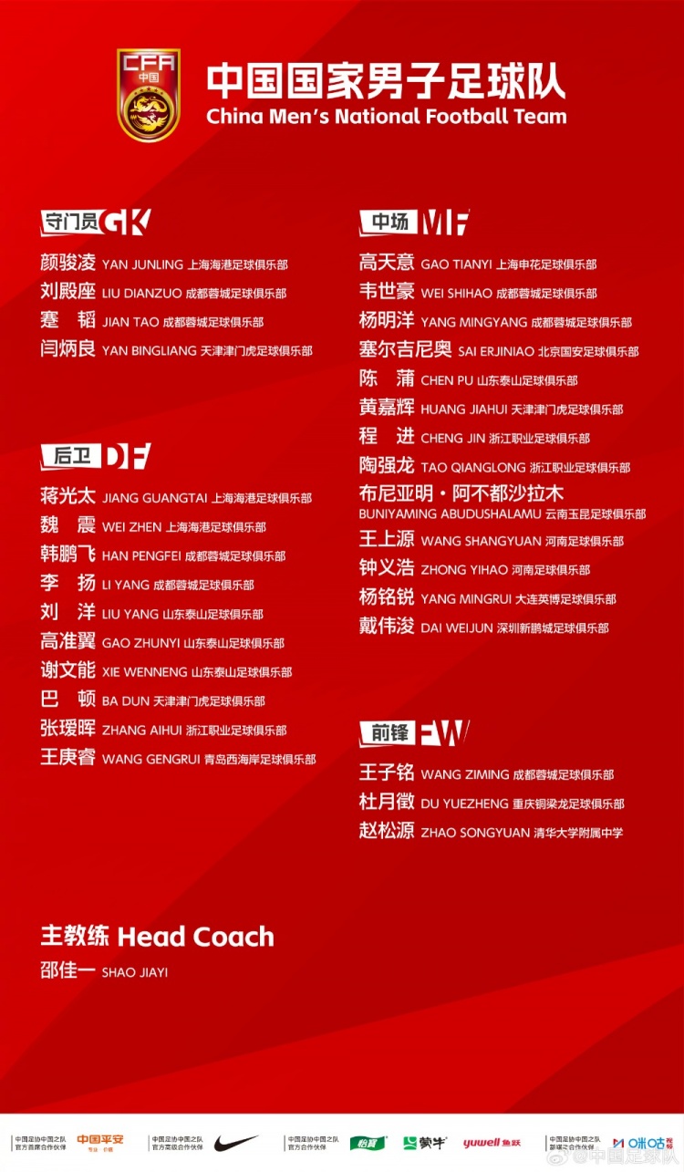 国足集训名单俱乐部分布:蓉城7将、泰山4人、国安申花各1人